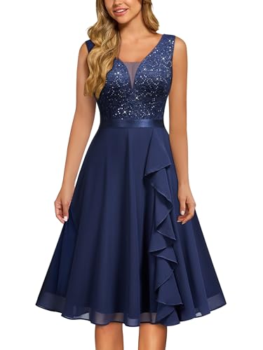 MISSMAY Women's Vintage V-Neck Sequin Formal Party A-Line Dress