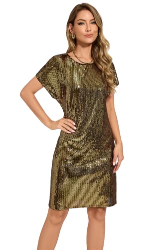 Image of Women's Crewneck Sequin Shift Dress Short Sleeve Casual Holiday Sparkly Party Dress