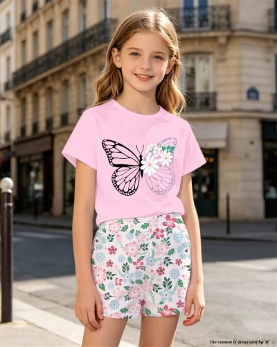 Image of Bestuline Girls Summer 2 Piece Outfits,Basic Short Sleeve Top & Shorts Set with Side Pockets,4-14Y