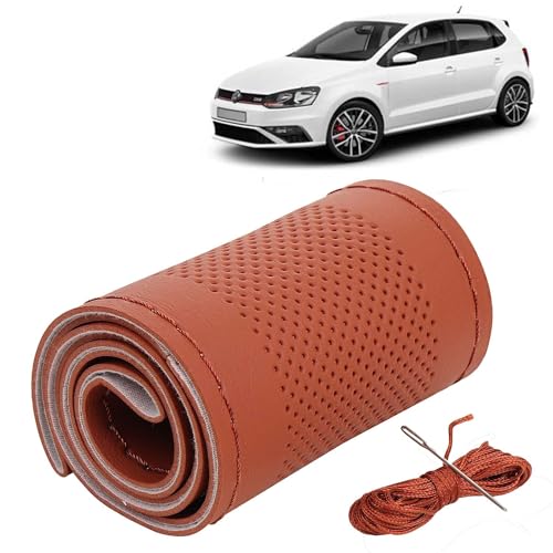 Image of KINGSWAY PU Leatherite Car Steering Cover Sewable Compatible with Volkswagen Polo GT (Year 2012 Onwards), Tan Color with Tan Thread, Pack of 1 with Sewing Needle and Thread