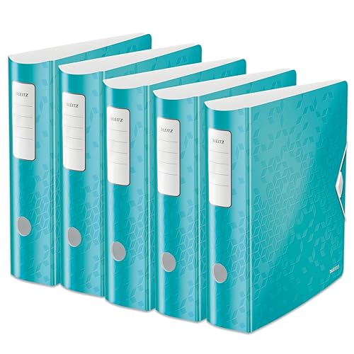 Leitz Qualitäts-Ordner 180° Active WOW, 5er Pack, A4, Breit, Abgerundeter Rücken, 8,2 cm breit, Gummibandverschluss, Leichtes Polyfoam, Plastik-Ordner, WOW Serie, Eisblau, 11060051