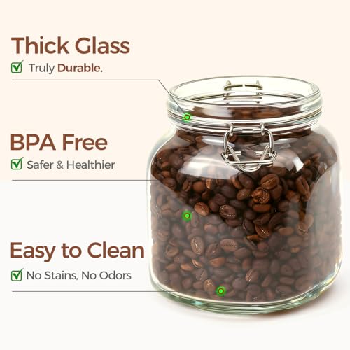 Image of ComSaf Airtight Glass Canister Set of 3 with Lids 34oz Food Storage Jar Square - Storage Container with Clear Preserving Seal Wire Clip Fastening for Kitchen Canning Cereal,Pasta,Sugar,Beans,Spice | Coffee beans, Tea sugar flour, Coffee station, Pantry organization, Small apartments, Countertop storage, Pickle