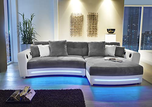 Multimedia Ecksofa B322/T190/H88 cm mit RGB-LED Beleuchtung, Soundsystem inkl. Bluetooth, USB, AUX-in, Couch spiegelverkehrt montierbar, Korpus in Kunstleder Weiß u. Bezug in Mikrofaser Grau / 15410 – Bild 5