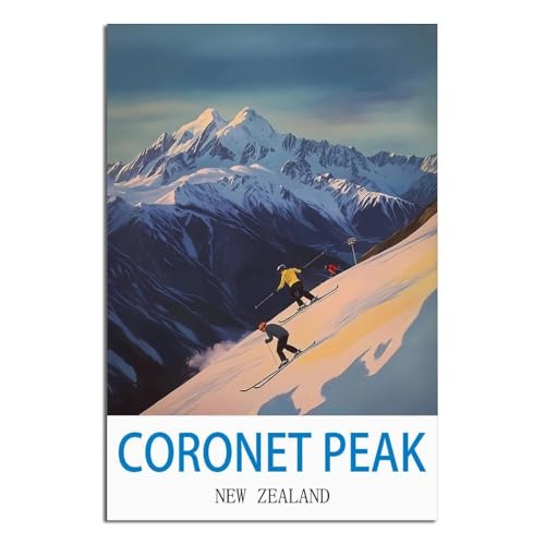 Poster de voyage Coronet Peak Nouvelle-Zélande vintage de 60 x 90 cm pour déco murale