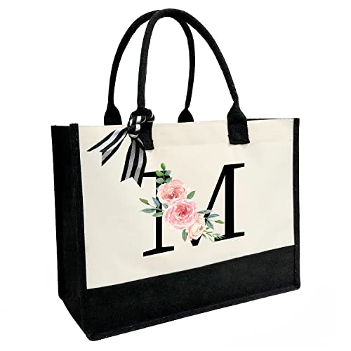 Sacola de lona com carta impressa, presentes personalizados para mulheres, mães, amigas, professoras, bolsas de praia premium com zíper, M, Large