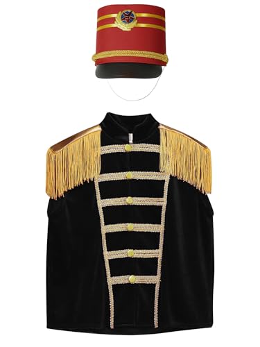 renvena Marching Band Kids Military Vest with Hat Suit Drummer Parade Fringe Epaulet Waistcoat Set4