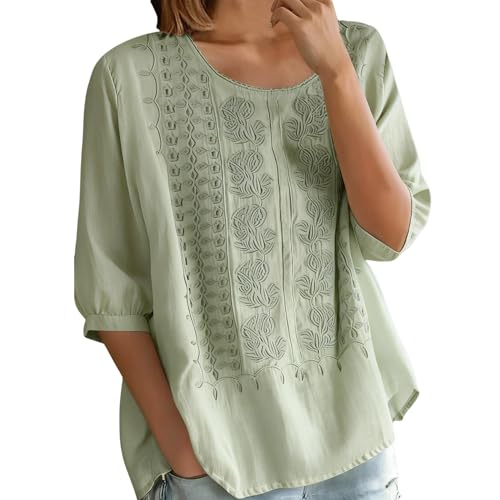 Clothes for Women Over 60 Cotton Linen Shirts for Women Trendy Retro Embroidered 3/4 Sleeve Boho Blouse Dressy Casual Bohemian Tops Loose Tunics