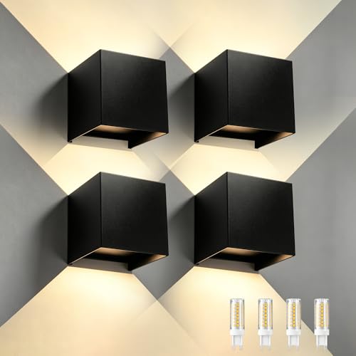 Image of JYV Outdoor Wall Lights 4Pack, Up and Down Lighting Fixtures, IP65, Black | Square Aluminum, 6W 3000K Bulb, G9 Base, Outdoor Cube Wall Sconces, Angle Adjustable, for Porch, House, Garage, Patio