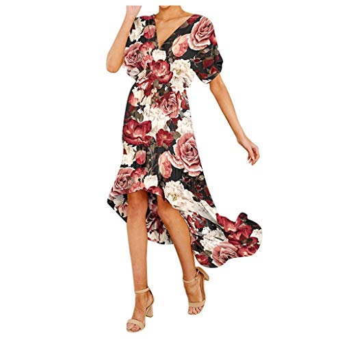 FORUU Cute Floral Dresses for Women 2020 Sumemr Sale V Neck Sexy Fashion Short Sleeve High Low Dress Casual Beach Maxi Dress Stylish Plus Size Party Dress Sundress for Holiday Beach Wife Gift Black