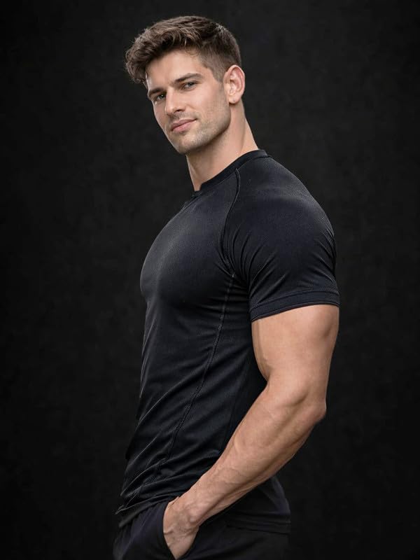 Friskers Men Compression T-Shirt Slim Fit | Gym & Sports Wear for Men | Quick Dry Stretchable Polyester | Workout, Running, Training Half Sleeve Tshirt Dark Black 1