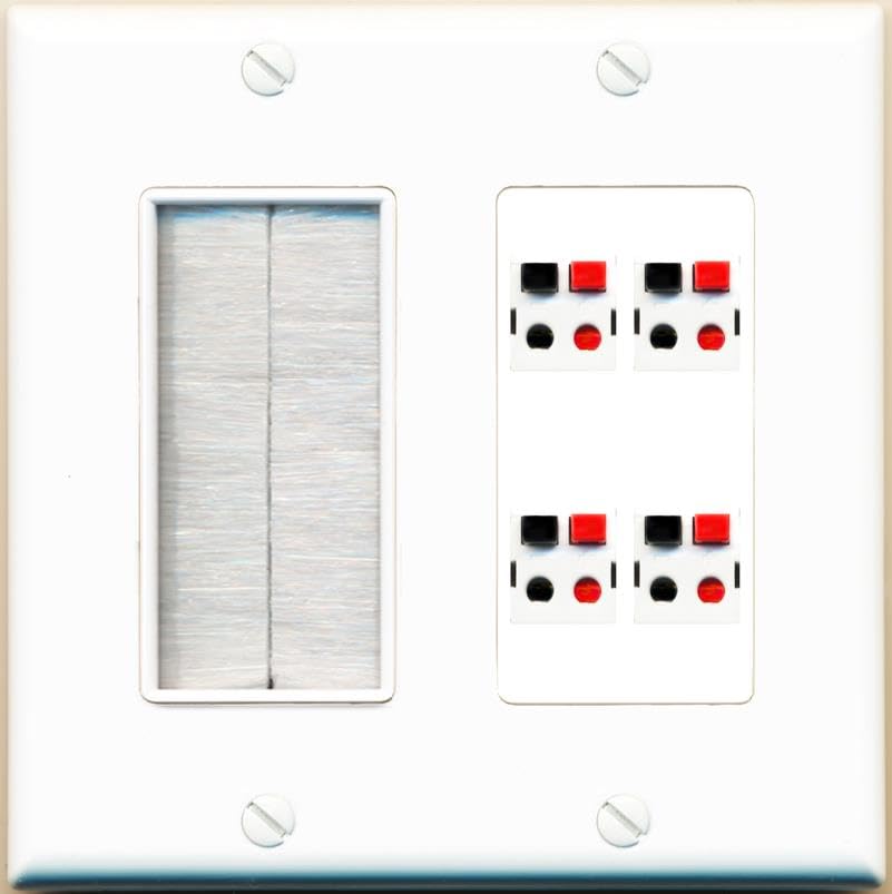 RiteAV Placca a muro con 4 porte per altoparlante, presa jack – spazzola [bianco]