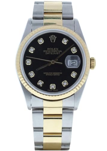 Rolex Mens Datejust Model 16233 Oyster Band Steel & 18k Gold Watch Custom Black Diamond Dial (Preowned)