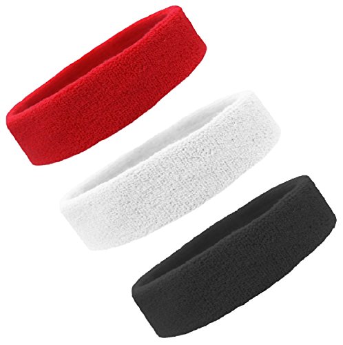 Sweatbands Headbands for Women Men Elastic Headband Sports Sweat Bands Athletic Stretchy Head Band Workout Running Basketball Moisture Wicking Terry Cloth Set Sweat Hair (red+black+white)