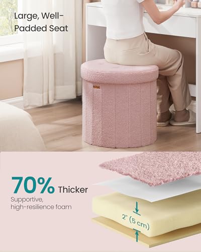 Image of SONGMICS Mazie Collection - Round Storage Ottoman, Folding Footrest Stool with Removable Lid, Easy Assembly, Teddy Fleece Vanity Stool for Bedroom, Living Room, Entryway, Jelly Pink ULSF606R01