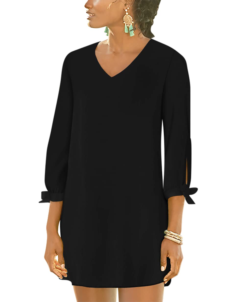 BELONGSCIWomen's 2024 Summer Dress Sweet & Cute V-Neck Self Tie 3/4 Sleeve Casual Shift Dress