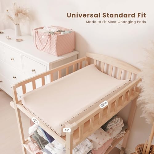 Image of Konssy 3 Pack Stretchy Changing Pad Covers, 32 inchx16 inch Changing Table Sheets | Silky Soft & Breathable Fabric, 360 Full Elastic Fit, Floral Printed & Solid Designs, for Baby Girls & Boys (Green Leaves)