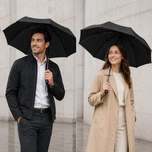 Image of Compact 3-Fold Black Umbrella - Windproof & Travel-Friendly, Manual Open-Close for Man, Women, Kids, Girls, Boys