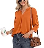 VIISHOW Womens Casual V Neck Rolled Sleeves Floral Printed Chiffon Blouse Top Orange Medium