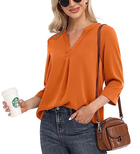 La Mejor Lista de Ropa Naranja - los preferidos. 44 VIISHOW - Blusas Casuales de Gasa para Mujer, Manga 3/4, Cuello en V, Camisa Holgada, Naranja, S
