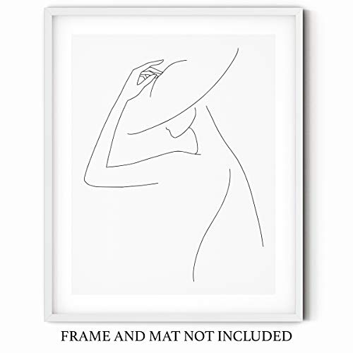 Abstract Fashion Hat Tip | Woman One Line Silhouette - 11X14 Unframed Black And White Art Print Of Nordic Modern Contemporary Female Form Line Drawing Wall Decor #TOP7