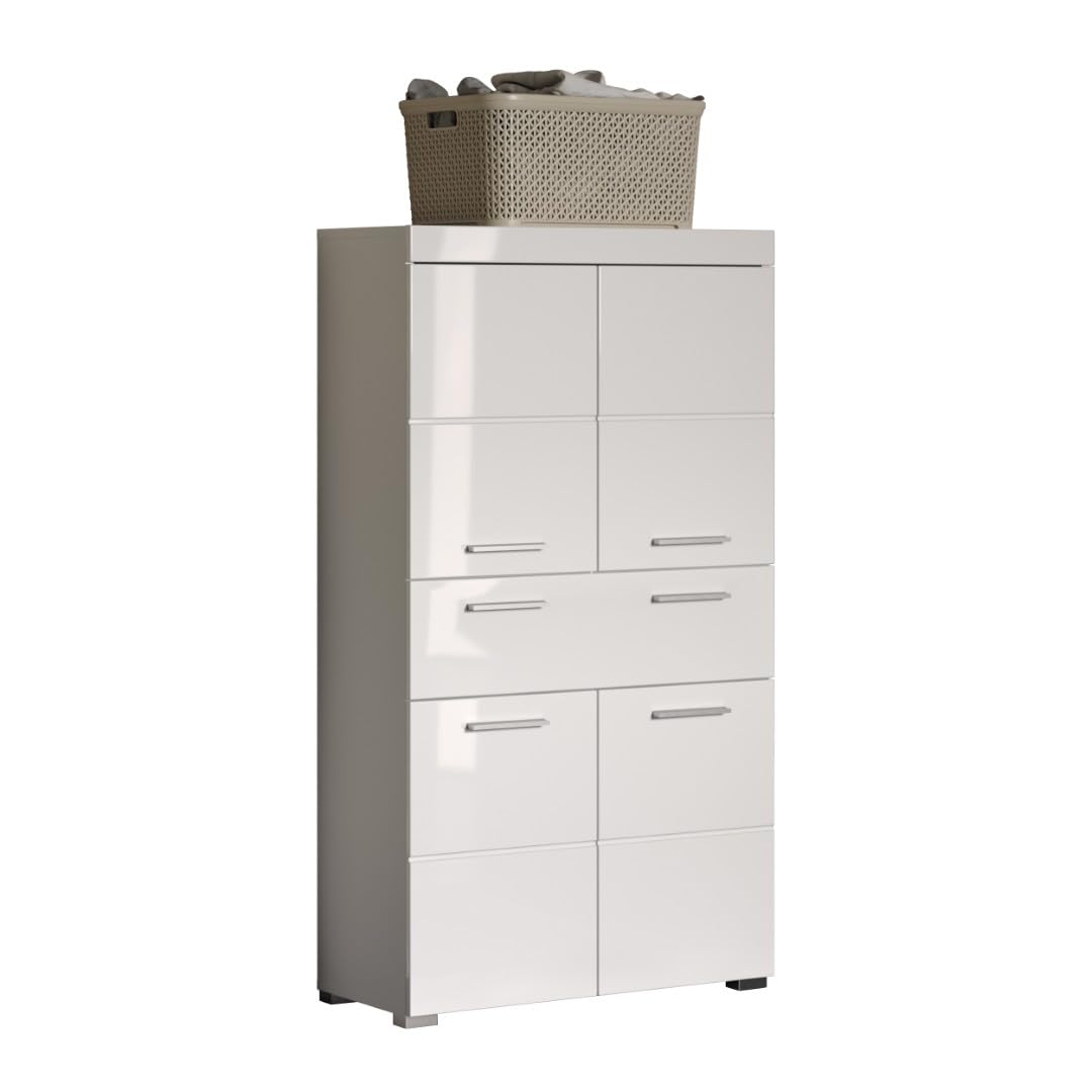 trendteam smart living - Amanda - Hochschrank - Weiß Hochglanz - Badezimmerschrank breit mit 4 höhenverstellbaren Einlegeböden - (BxHxT) 73 x 130 x 31 cm - 4 Fächer und eine große Schublade