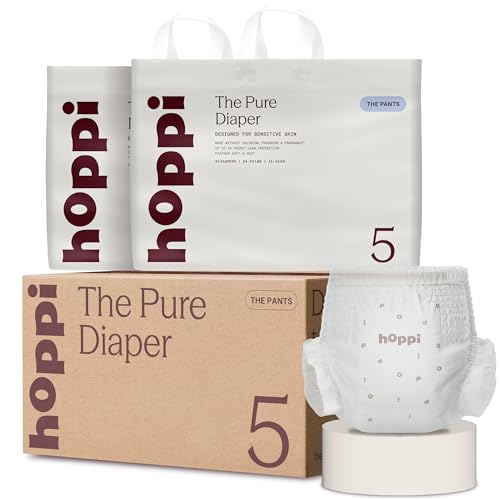 Image of Hoppi Pure Pull Up Diaper Pants, Size 5, 64 Count, 3T-4T | Feather-Soft Pull Up Pants with Easy Tear Sides, Fast-Absorb Core, 14-Hour Protection for Potty Training, Daycare and Play
