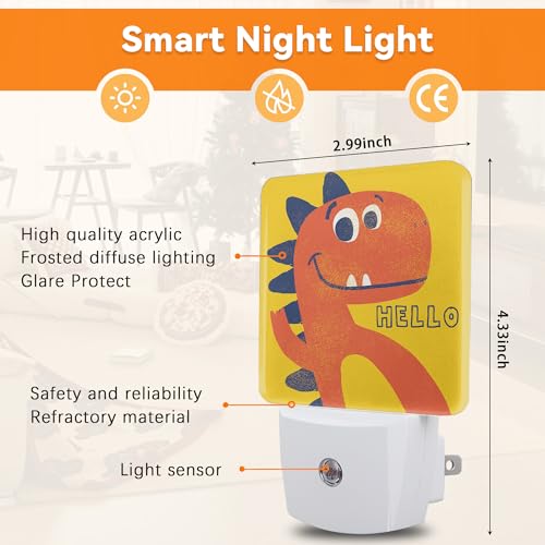 Image of Dino Dusk to Dawn Night Light, Auto Sensor Lamp Home Indoor Stairway Kitchen Corridor, Cute Dinosaur Night Lights Plug into Wall Decor, Boys Girls Women Men Room Gifts