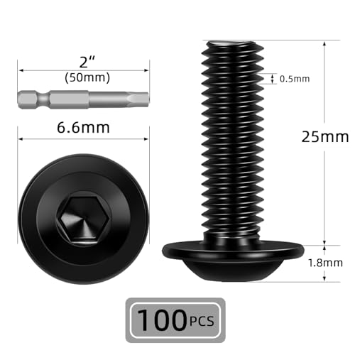 Image of M3-0.5 x 25mm 100 PCS Flanged Button Head Socket Cap Bolts Screws, Stainless Steel 304, Allen Socket Drive, Screwdriver Bit Included, Black Finish, Fully Machine Thread