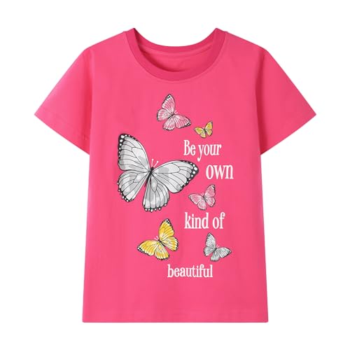 Image of HILEELANG Big Girl Short Sleeve Tees Summer Royal Blue Yellow Rose Red Graphic Rainbow Butterfly Cotton Tops Shirts Size 12-13, 24gt06#royalblueshoes