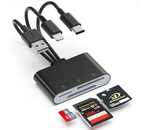 XD Card Reader for Olympus Fujifilm, 3-in-1 XD Picture Card Adapter with Lightning/USB-A/USB C for iPhone 17/16/15/14/13/12 iPad Android PC, Memory Cards Reader for SD/TF/XD Cards and Digital Cameras