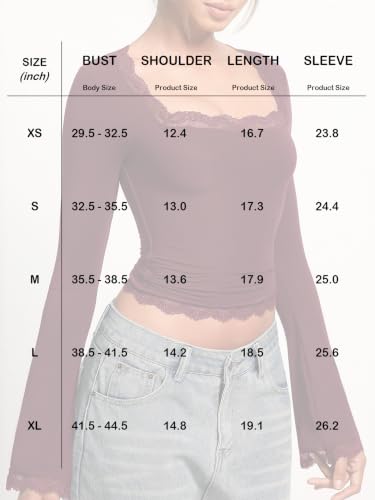 Image of OZICERD Women Bell Long Sleeve Shirts Cute Going Out Top Lace Trim Square Neck Double Lined Fitted Basic Tops Y2k Tight Slim