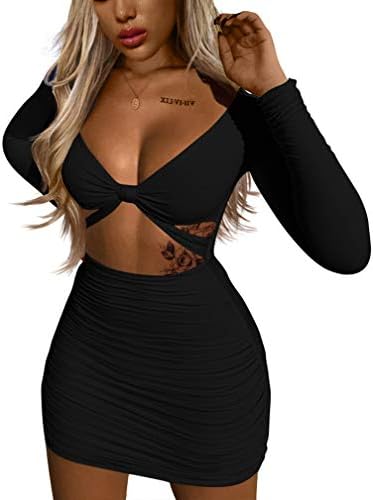 XXTAXN Women's Sexy Bodycon Deep V Neck Long Sleeve Cut Out Club Mini Dress Black