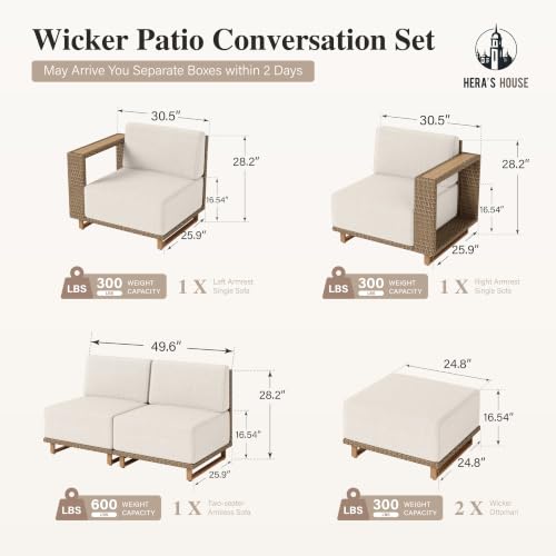 Image of HERA'S HOUSE Patio Sectional Furniture Set, Modular Outdoor Conversation Sets with 5.3 inch Widened Armrest & 10 inch Thick Cushion, Low Profile Yellow Wicker Rattan Sofa with 2 Ottomans for Deck Yard Lawn
