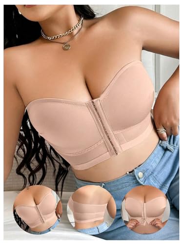 Image of MakeMeChic Women's Plus Size Strapless Bras Front Closure Half Push Up Bra Bandeau Wireless Bralette for Large Bust