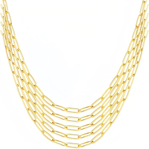 eswala Gold Paperclip Chain Necklace for Women 5pcs 18inch 3X9mm Gold Chains for jewelry Making Stainless Steel Filled 18K Gold Plated Chains Bulk Adjustable Link Charm Necklace Chains (18inch 5pcs)