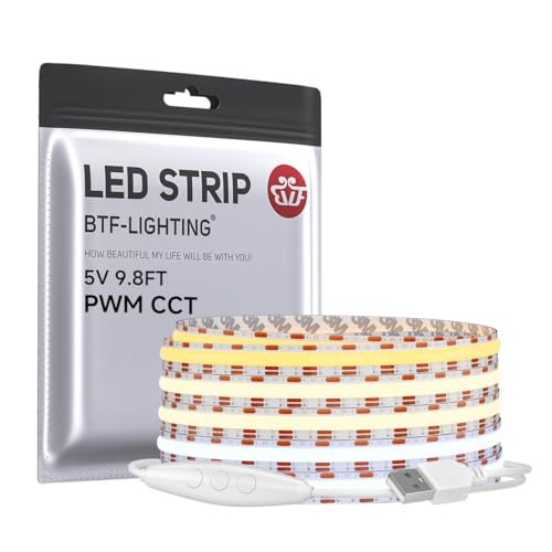 Image of BTF-LIGHTING FCOB COB FOB LED Strip Lights 5V USB CCT 9.8FT 1920LEDs Tunable 2700K /4000K /6500K 10mm Width Dimmable 90+ High CRI Flexible High Density for TV Backlight PC Bedroom Kitchen Home DIY Decor