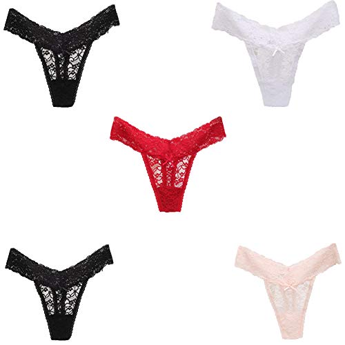 Women's Sexy Lace Thongs V Cheeky Underwear See Through Panties Pack of 52