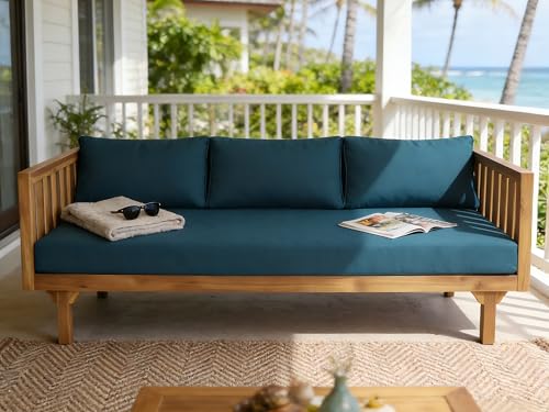 Merax Outdoor 3 Seater Daybed, Acacia Wood Day Bed Couch Sofa with Cushions for Patio Backyard, Garden, Blue