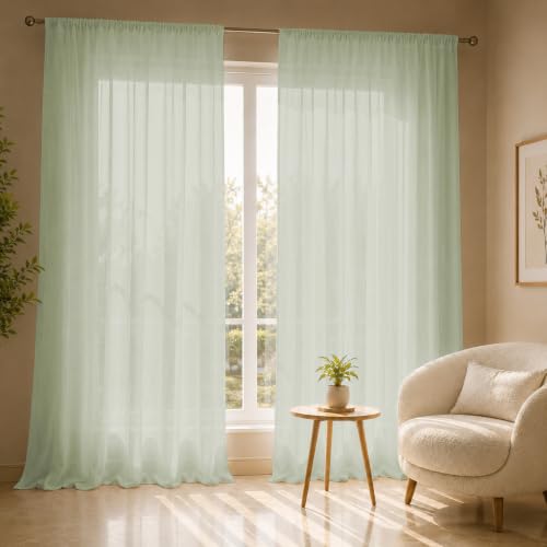 Image of LINENWALAS Aesthetic Sheer Curtains 8 Feet Long Set of 2, Poly Linen Shrink & Fade Proof Drapes for Semi Long Door, Semi Transparent Modern Panels with Rod Pocket Hanging for Living Room (Sage Green)