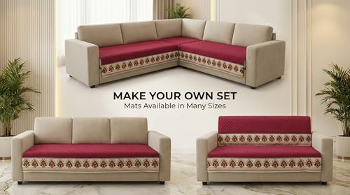 Image of Velvet Quilted Sofa Cover Mat Seat & Back, L Shape 3+2, Main L69in Chaise L46in H32in, Maroon Color,Anti Skid Backing, 6in Hanging Strap Design, Washable S, Style -Maroon-L32