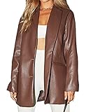 ABYOVRT Women Leather Jacket Oversized Faux Leather Blazer Button Down Lapel Coat with Pockets Vintage Streetwear (Brown,Small)
