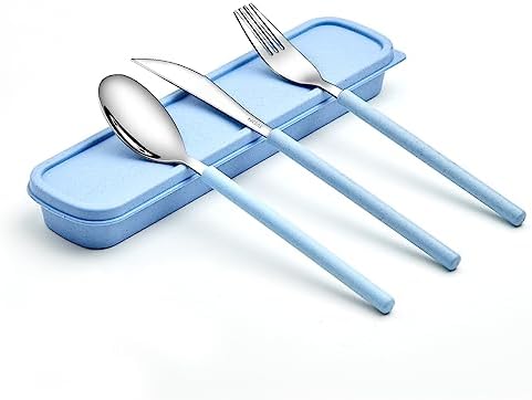YBOBK HOME Portable Flatware Set with Case Stainless Steel Knife Fork and Spoon Reusable Flatware Set Dishwasher Safe Flatware Utensils with Colored Handle for To Go Anywhere (Blue)