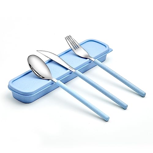 Ybobk Home Portable Flatware Set With Case Stainless Steel Knife Fork And Spoon Reusable Flatware Set Dishwasher Safe Flatware Utensils With Colored Handle For To Go Anywhere (Blue) #TOP12