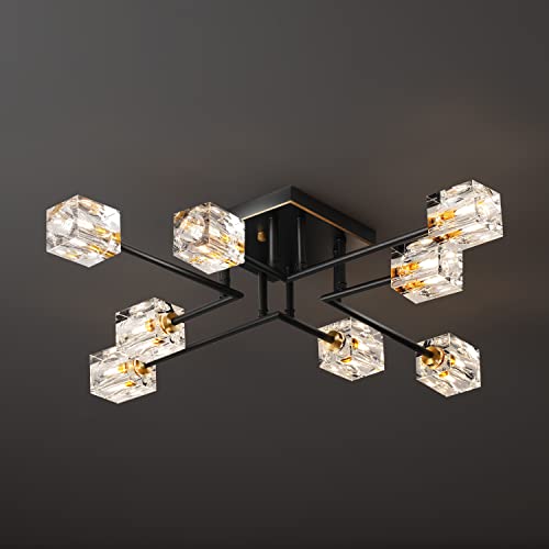 Okes 8-Lights Semi Flush Mount Ceiling Light Fixture,Black And Gold Modern Crystal Chandeliers,Farmhouse Lighting Fixtures For Dining Room Living Room Kitchen Bedroom Entryway #TOP4