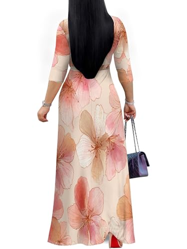 Image of Plus Size Dresses for Women Floral Print Maxi Dress Flowy 3 /4 Sleeve with Belt
