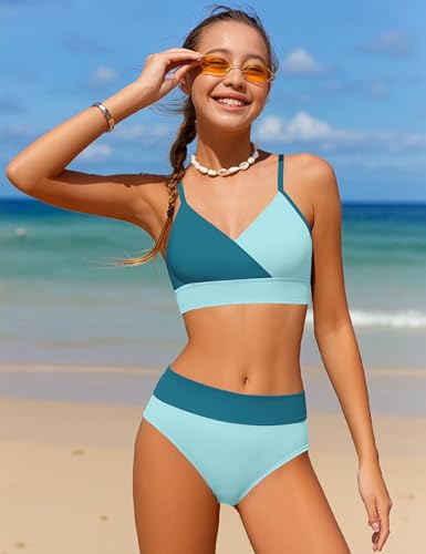 Image of Girls Swimsuit V Neck Bikini Set Color Block with Cover Up 3Pcs Bathing Suits