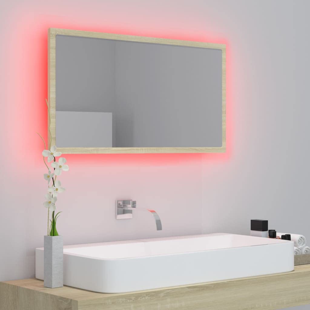 Lustro łazienkowe LED, dąb Sonoma, 80 x 8,5 x 37 cm, akryl z lampą RGB, lustro ścienne, wiszące i stojące, nowoczesne meble łazienkowe, zajmuje mało miejsca, nadaje się do umywalki