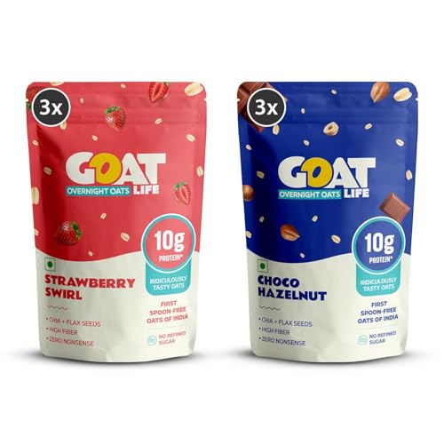 Image of GOAT Life Overnight Oats 360g (Pack of 6) | 10g Protein | High Fibre | No Refined Sugar | 100% Natural Breakfast Cereal | Ideal for Weight Management | Spoon-Free Assorted Protein Oats