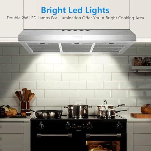 Image of 600 CFM Range Hood 36 Inch, Under Cabinet Range Hood for Duct /Ductless Convertible, Stainless Steel Kitchen Stove Vent Hood with 3 Speed Kitchen Exhaust Fan and Two Bright Energy-Saving LED Light