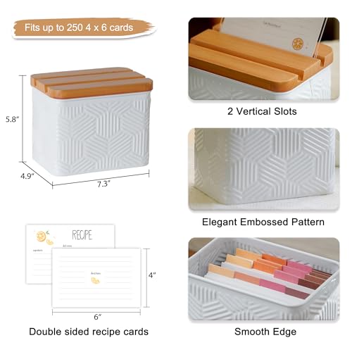 HOME PALETTE Recipe Box with Cards and Dividers Set 4x6 Recipe Holder for Kitchen Counter Metal White Hexagon Stripe Pattern Embossed Recipe Card Box with Wooden Grooved Lid